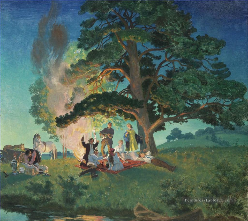 PICNIC Boris Mikhailovich Kustodiev bois paysage d’arbres Peintures à l'huile